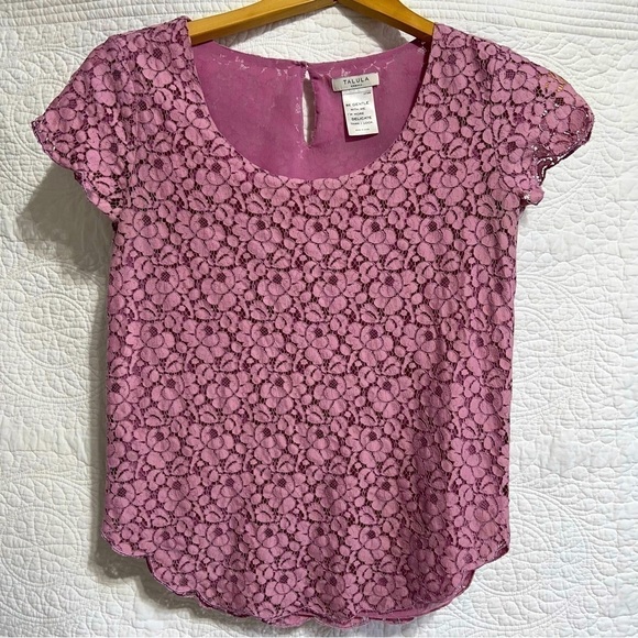 Talula Aritzia Pink Lace Betsy Short Sleeve Lined Blouse, Size- X-Small - Picture 1 of 9